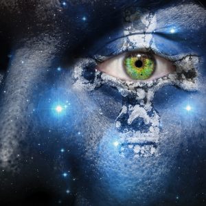 Face with seven sisters constellation and a Celtic cross